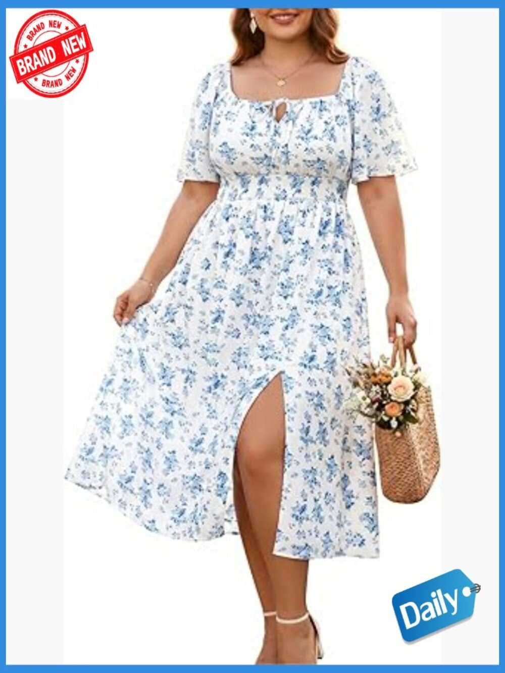 Plus Size Summer Milkmaid Dress Boho Floral Midi Puff Sleeve Square Neck